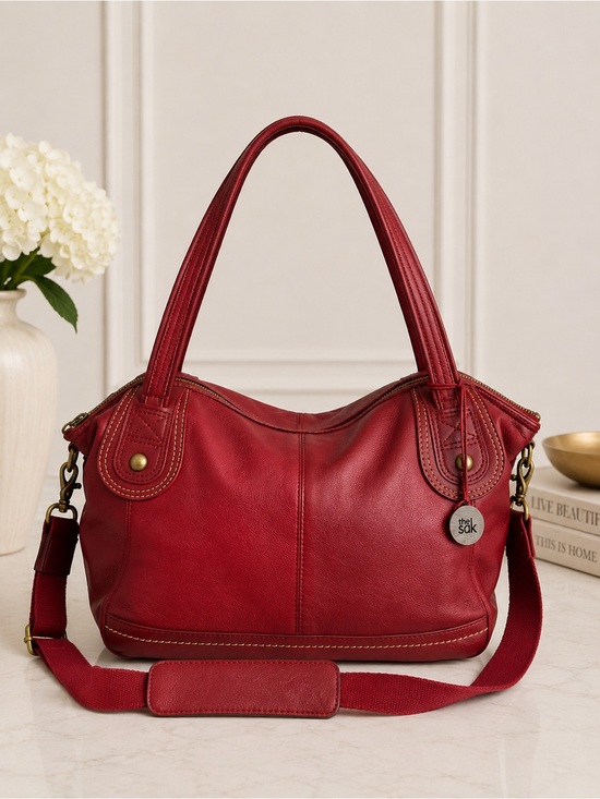 The Sak Handbags - The Sak Red Leather Convertible Shoulder Crossbody Bag Brass Hardware